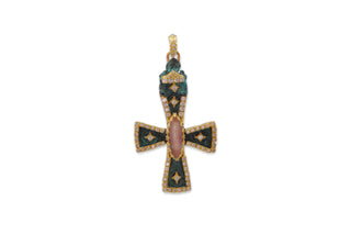 ARTIFACT CROSS IN TEAL PATINA WITH MARQUIS QUARTZ