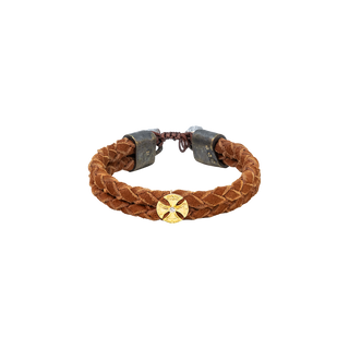 WOVEN BROWN LEATHER BRACELET WITH WHITE DIAMOND AND ROSE GOLD DETAILS