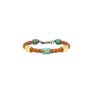 ARTIFACT BROWN LEATHER BRACELET WITH GOLD AND TEAL PATINA DETAILS