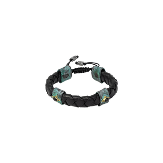 ARTIFACT BLACK LEATHER BRACELET WITH GOLD CRIVELLI AND  TEAL PATINA DETAILS
