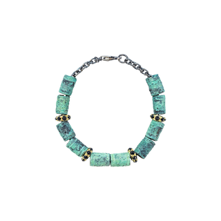 ARTIFACT  TEAL PATINA CYLINDER BEADED LINK BRACELET WITH BLACK SAPPHIRE