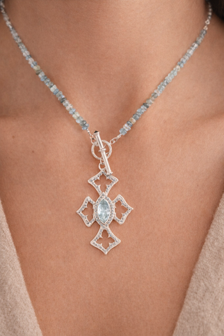 Sky Blue Topaz and Aquamarine Beaded Cross Necklace