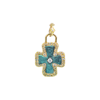 ARTIFACT ROUNDED CROSS ENHANCER WITH WHITE DIAMONDS AND TEAL PATINA