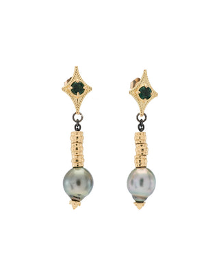 18kt Yellow Gold & Blackened Silver Earrings with Pearl and Tourmaline
