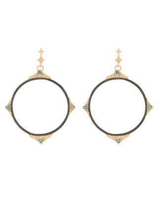 18kt Yellow Gold & Blackened Silver London Blue Topaz Open Circle Drop Earrings