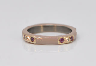 LIGHT NUDE ENAMEL STACK BAND WITH CHAMPAGNE DIAMONDS AND PURPLE GARNETS