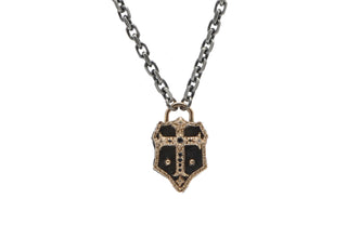 18K Yellow Gold, Sterling Silver and Blackened Sterling Silver 24" Cross Shield Necklace with Black Sapphires and Champagne Diamonds. 