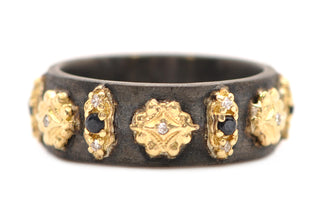 FLORAL AND SCROLL STATIONS WIDE BAND STACK RING